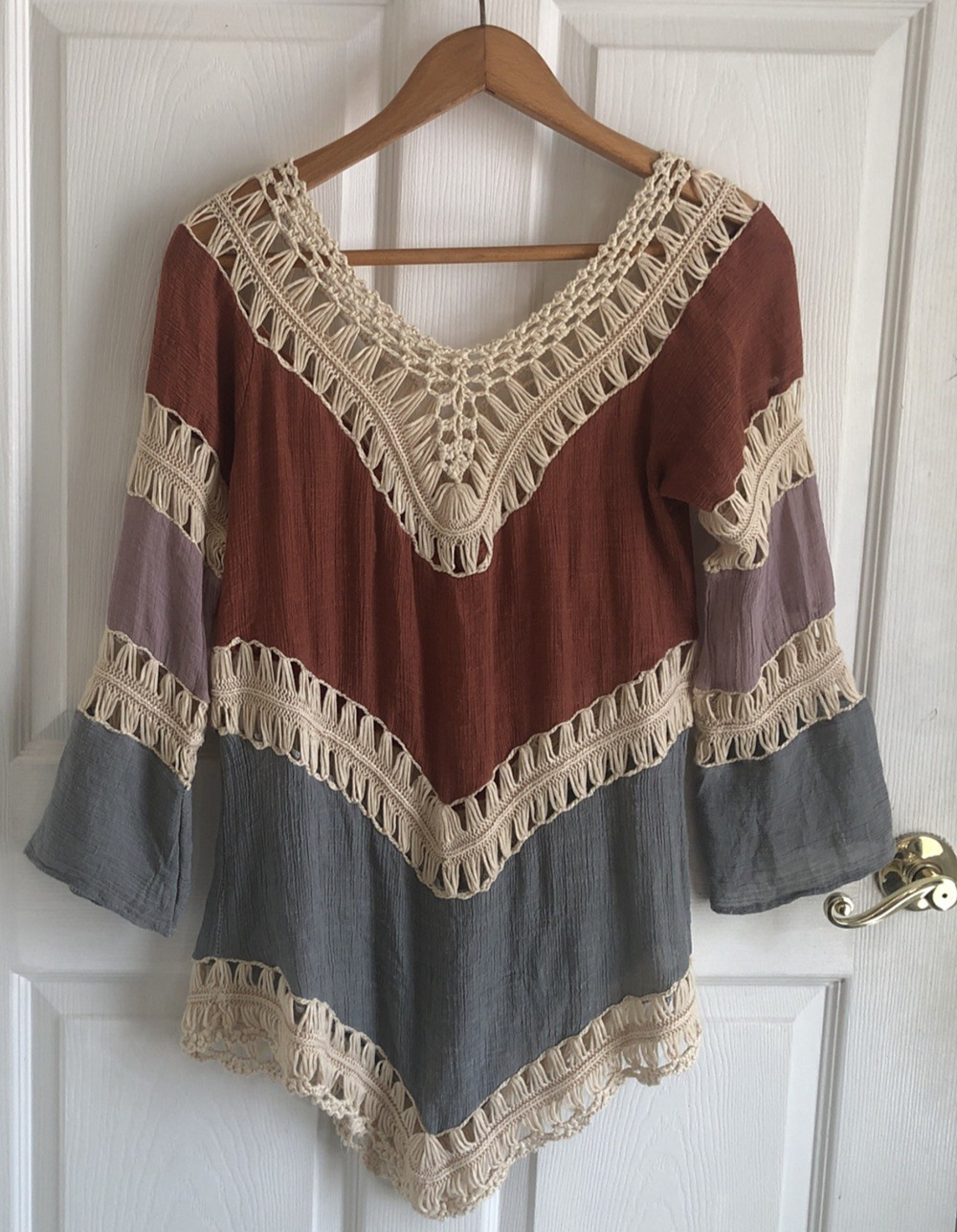 Womens Boho Crochet color Block Tunic Med Blouse v-neck beachy hippie festival